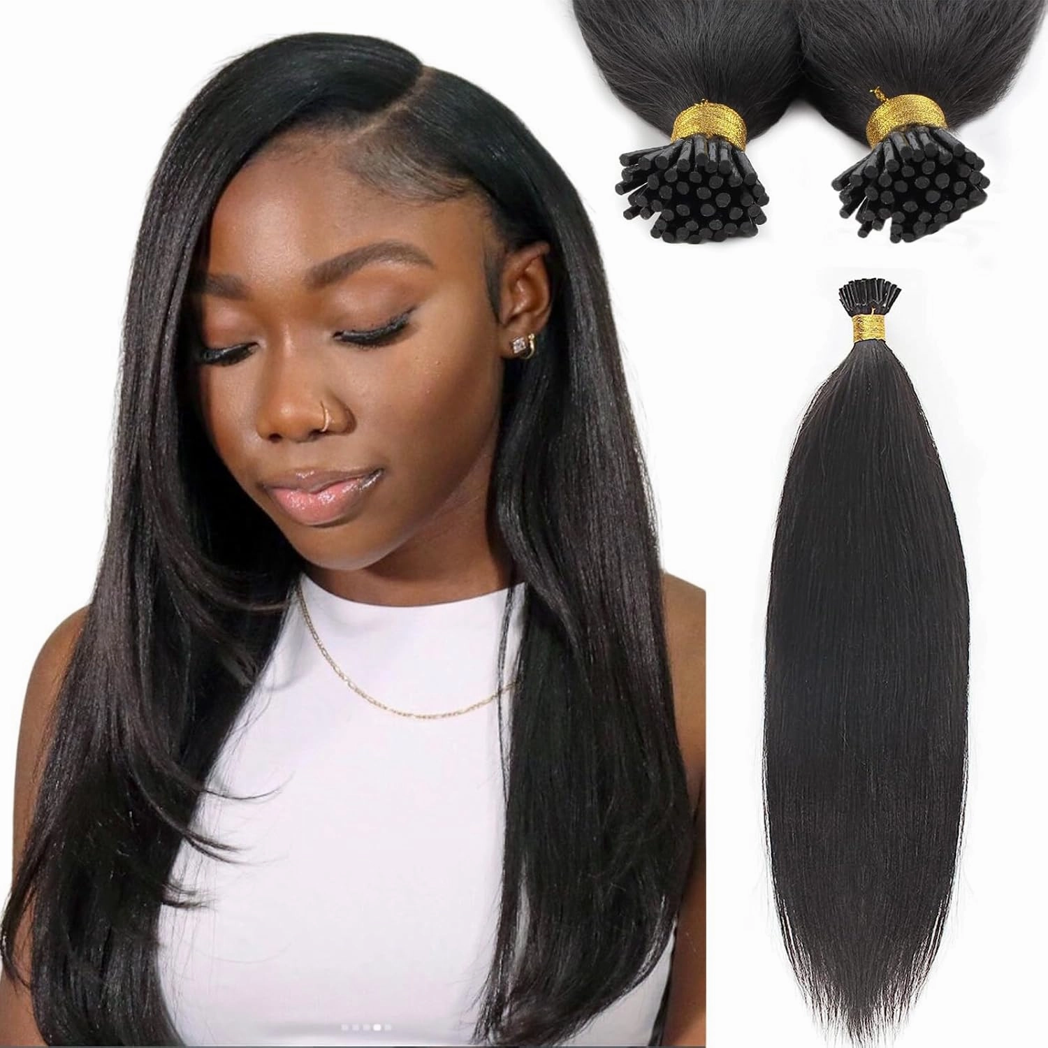 ABH AMAZINGBEAUTY HAIR I Tip Hair Extensions Yaki Straight Human Hair Pre Bonded Hair Extensions Real Human Hair I Tip Black Women Yaki Straight Coarse Yaki Virgin Natural Black 16 Inch 50 Strands 50g