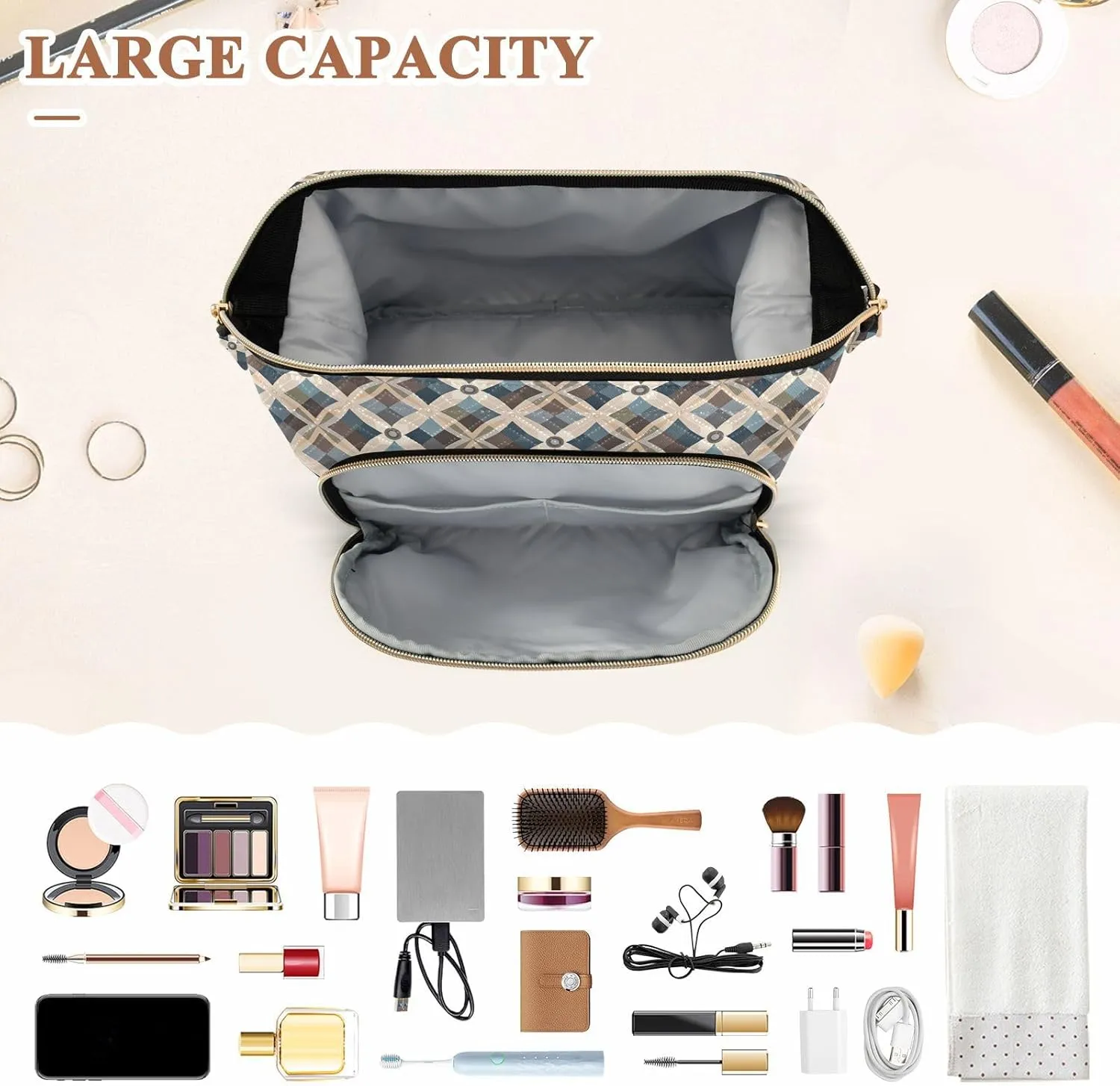 Aesthetic Makeup Organizer Pouch Quilted Travel Bag with Wide-open Design