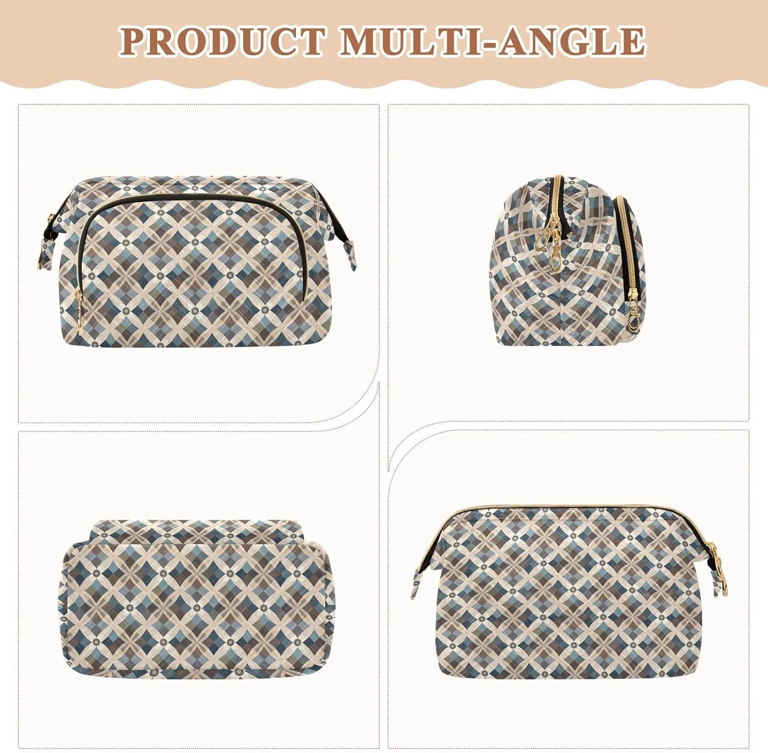 Aesthetic Makeup Organizer Pouch Quilted Travel Bag with Wide-open Design