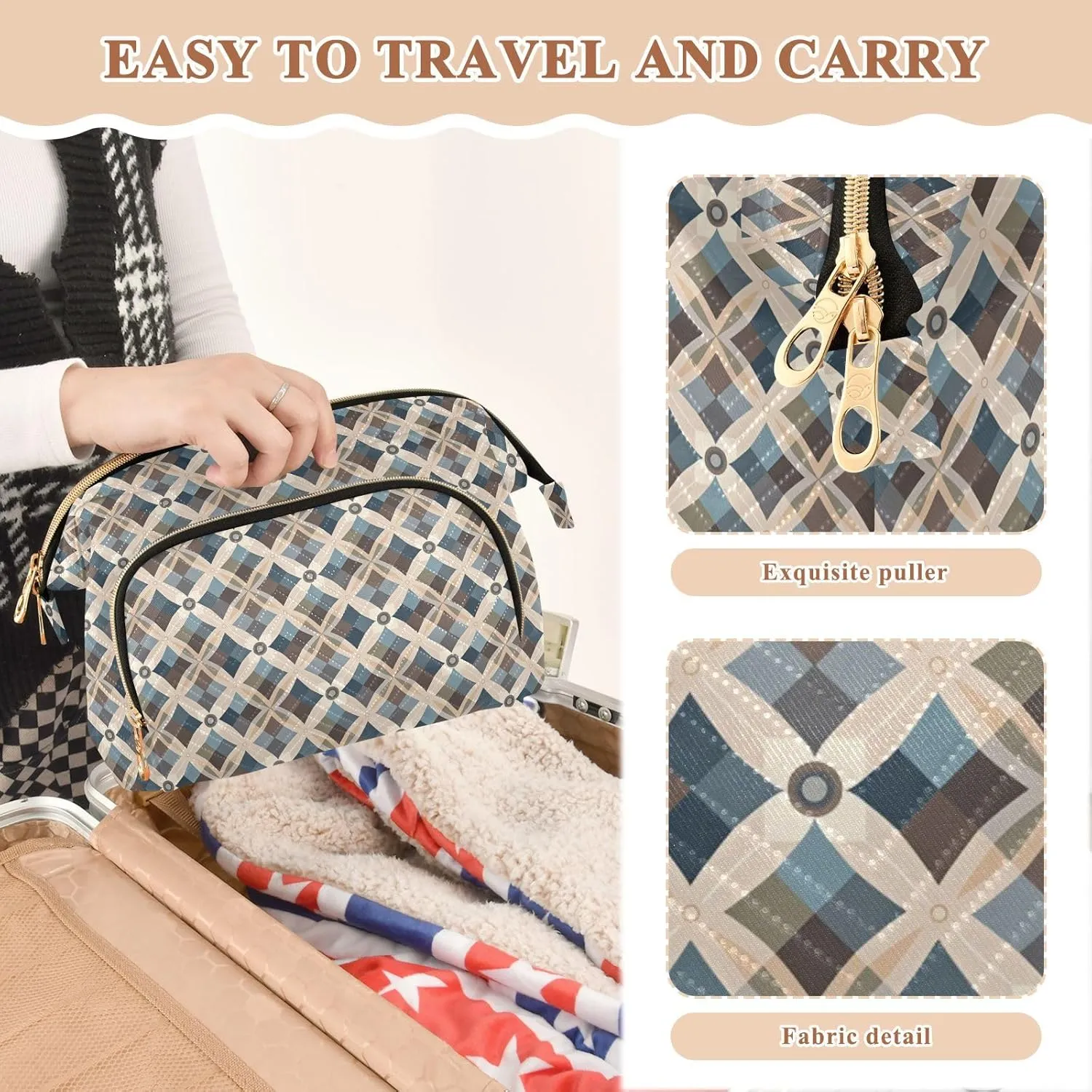 Aesthetic Makeup Organizer Pouch Quilted Travel Bag with Wide-open Design