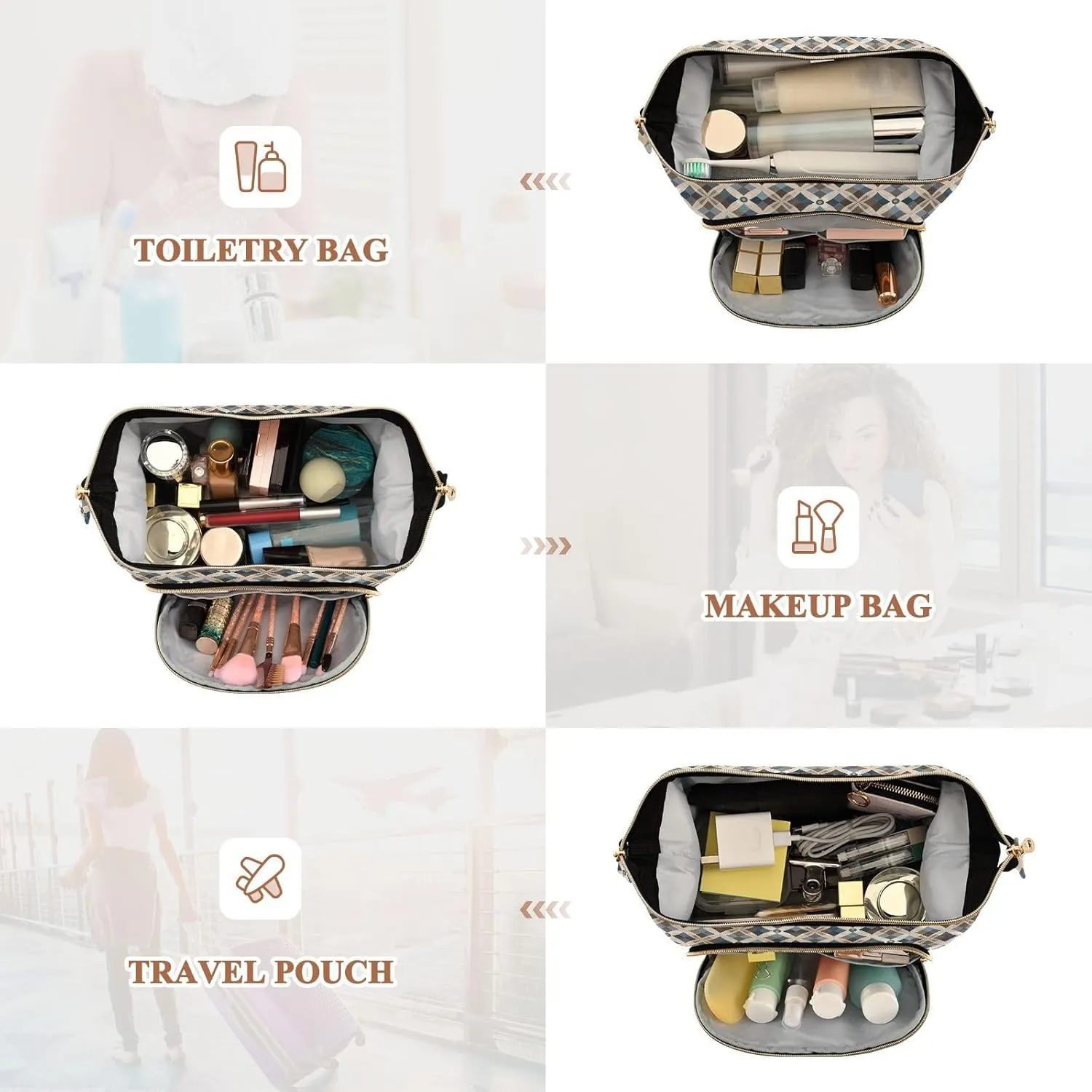 Aesthetic Makeup Organizer Pouch Quilted Travel Bag with Wide-open Design
