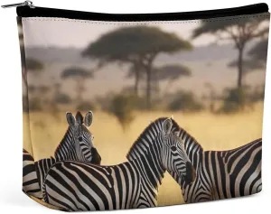 Africa Grassland Zebra PU Leather Travel Makeup Bag Mini Pocket Cosmetic Bag for Women Portable Handbag Closure Organizer Makeup Case Toiletry Bag