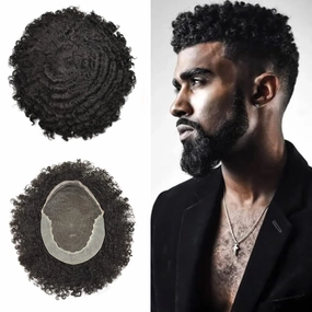 Afro Toupee For Black Men Swiss Lace Real Human Hair Afro Kinky Curly Hair Pieces For Men Wave Hair Units System African American Mens Toupee 8x10Inch #110 1# JET BLACK 10% GREY-6MM WAVE