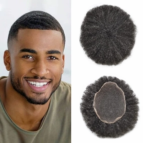 Afro Toupee For Black Mens Hair Units For Man African American Curl Hair Systems Full French Lace Mens Hair Replacement Male Hair Pieces 8X10Inch 6MM Afro Wave110# 1# JET BLACK 10% GRAY