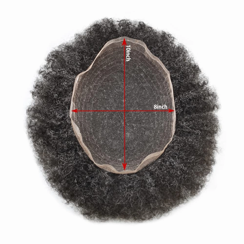 Afro Toupee For Black Mens Hair Units For Man African American Curl Hair Systems Full French Lace Mens Hair Replacement Male Hair Pieces 8X10Inch 6MM Afro Wave110# 1# JET BLACK 10% GRAY