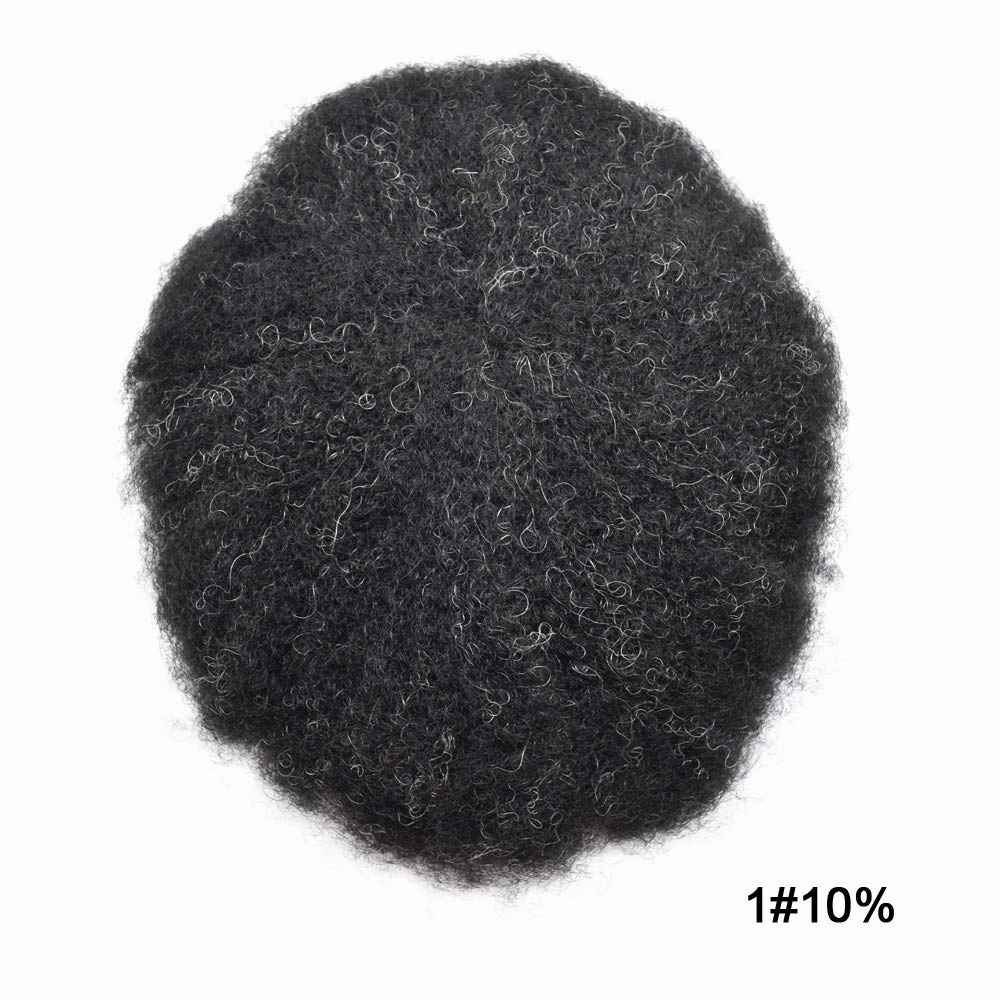 Afro Toupee For Black Mens Hair Units For Man African American Curl Hair Systems Full French Lace Mens Hair Replacement Male Hair Pieces 8X10Inch 6MM Afro Wave110# 1# JET BLACK 10% GRAY