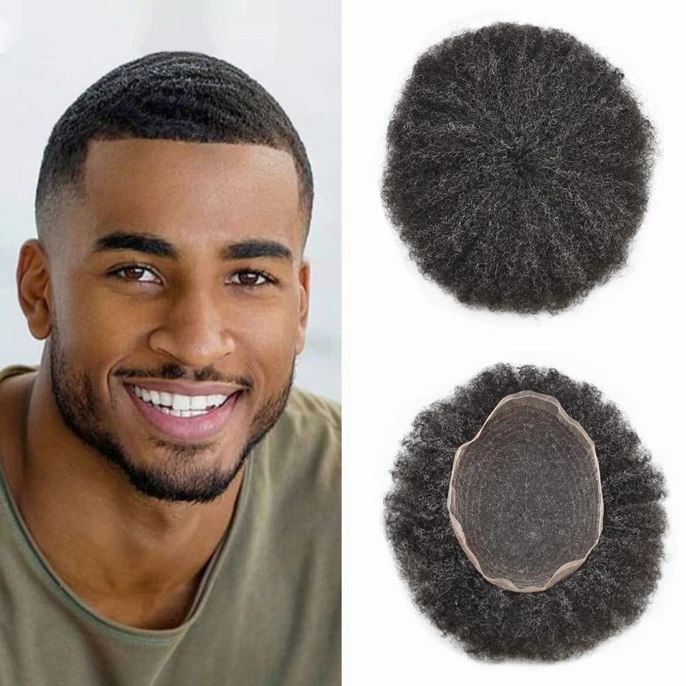 Afro Toupee For Black Mens Hair Units For Man African American Curl Hair Systems Full French Lace Mens Hair Replacement Male Hair Pieces 8X10Inch 6MM Afro Wave110# 1# JET BLACK 10% GRAY