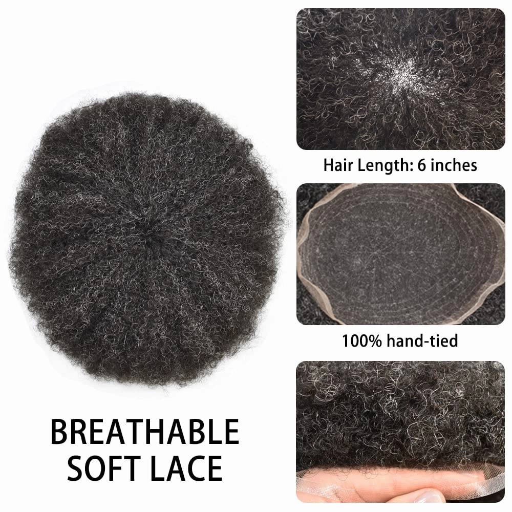 Afro Toupee For Black Mens Hair Units For Man African American Curl Hair Systems Full French Lace Mens Hair Replacement Male Hair Pieces 8X10Inch 6MM Afro Wave110# 1# JET BLACK 10% GRAY