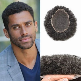 Afro Toupee For Black Mens Hair Units For Man African American Curl Hair Systems Full French Lace Mens Hair Replacement Male Hair Pieces 8X10Inch 6MM Afro Wave120# 1# JET BLACK 20% GRAY