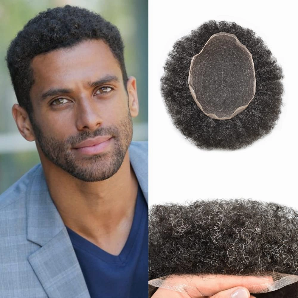 Afro Toupee For Black Mens Hair Units For Man African American Curl Hair Systems Full French Lace Mens Hair Replacement Male Hair Pieces 8X10Inch 6MM Afro Wave120# 1# JET BLACK 20% GRAY
