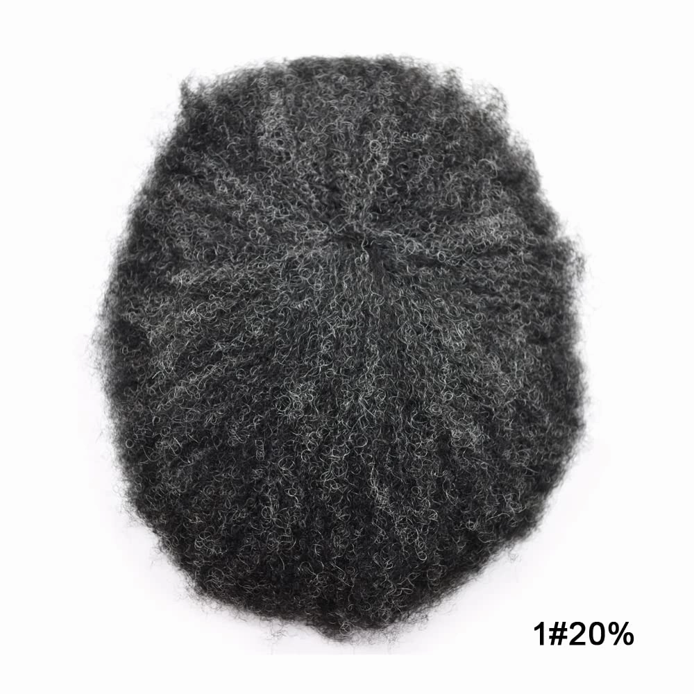 Afro Toupee For Black Mens Hair Units For Man African American Curl Hair Systems Full French Lace Mens Hair Replacement Male Hair Pieces 8X10Inch 6MM Afro Wave120# 1# JET BLACK 20% GRAY