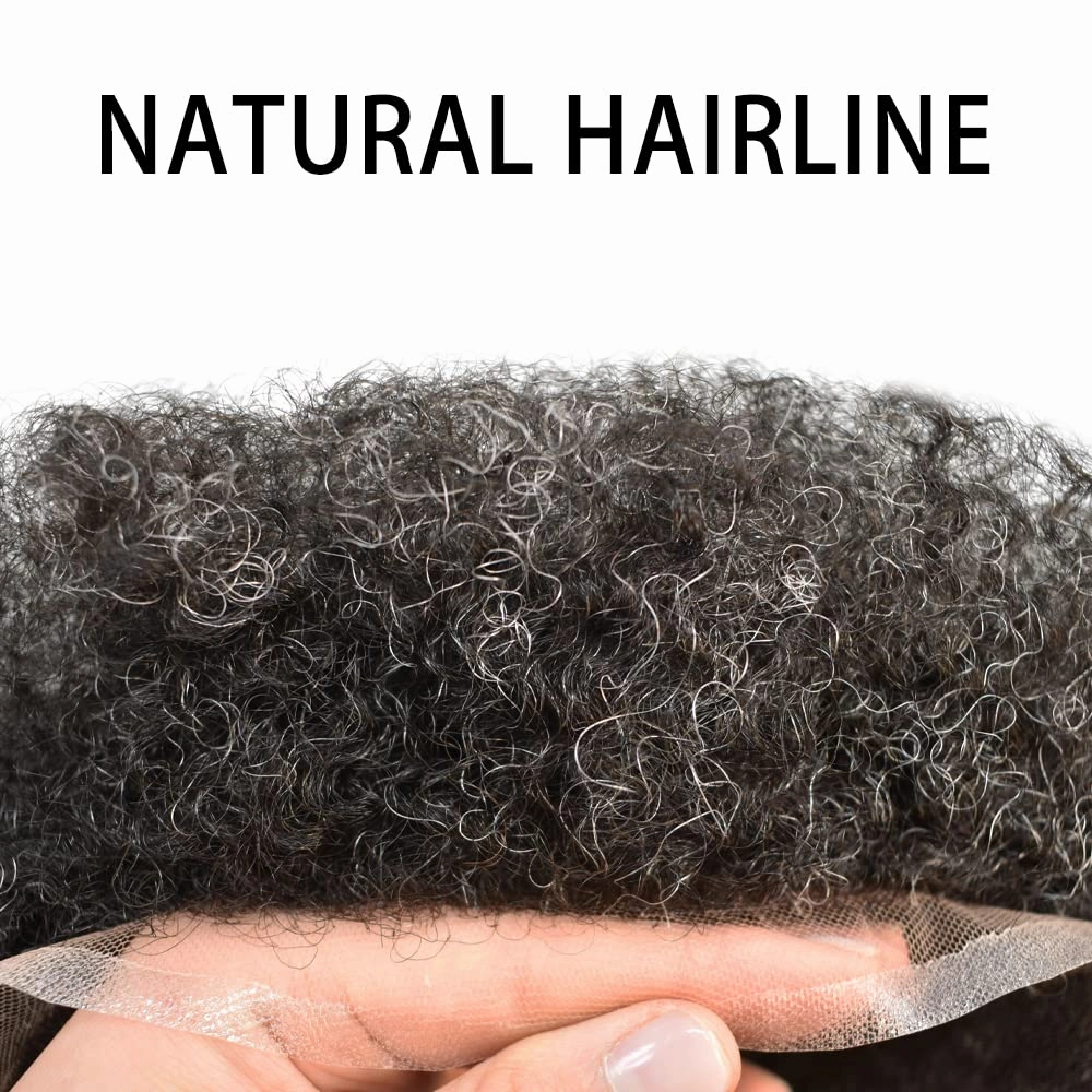 Afro Toupee For Black Mens Hair Units For Man African American Curl Hair Systems Full French Lace Mens Hair Replacement Male Hair Pieces 8X10Inch 6MM Afro Wave120# 1# JET BLACK 20% GRAY