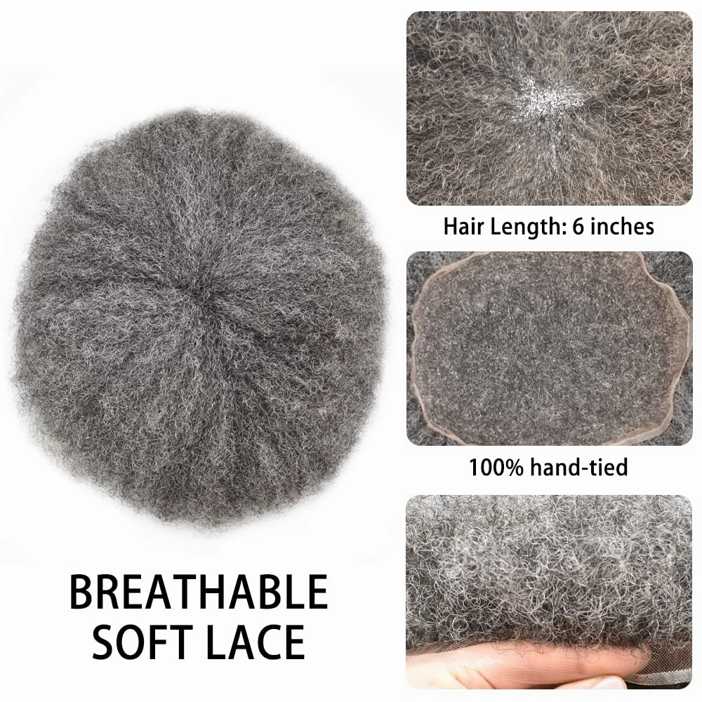 Afro Toupee For Black Mens Hair Units For Man African American Curl Hair Systems Full French Lace Mens Hair Replacement Male Hair Pieces 8X10Inch 6MM Afro Wave140# 1# JET BLACK 40% GRAY