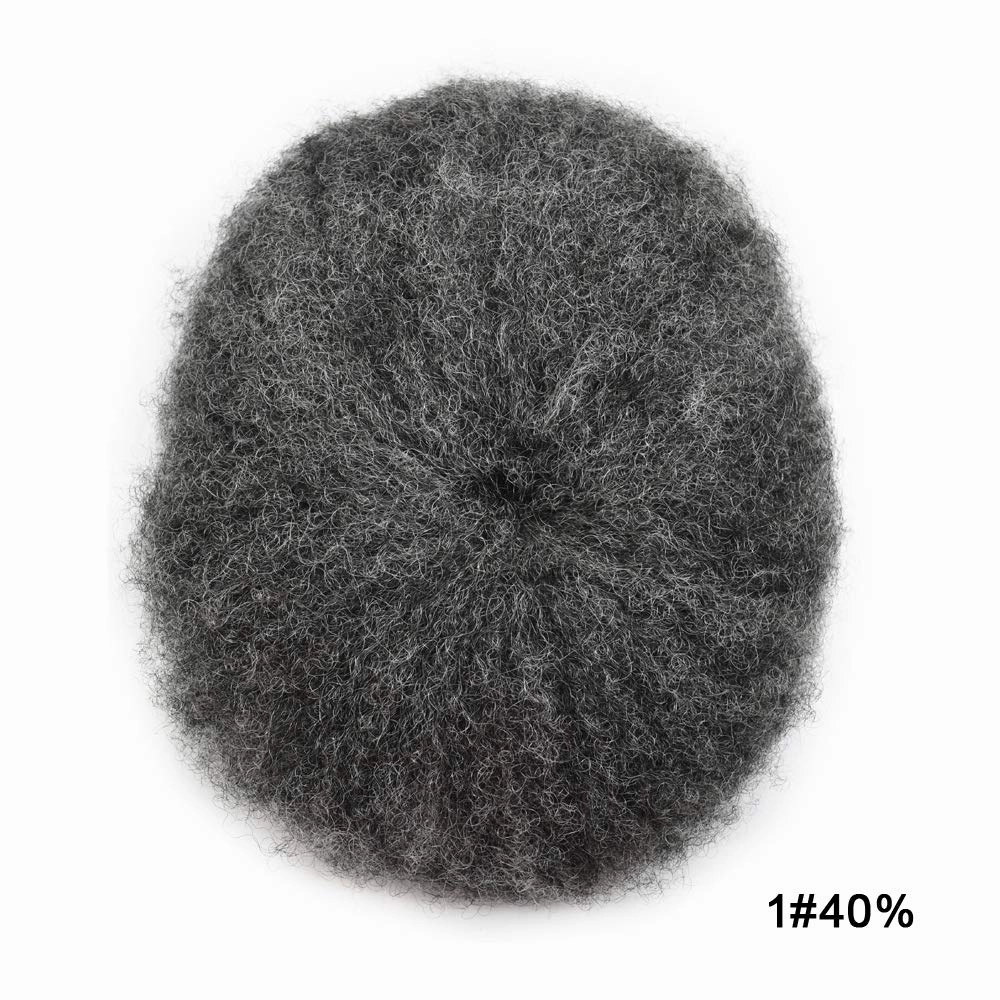Afro Toupee For Black Mens Hair Units For Man African American Curl Hair Systems Full French Lace Mens Hair Replacement Male Hair Pieces 8X10Inch 6MM Afro Wave140# 1# JET BLACK 40% GRAY