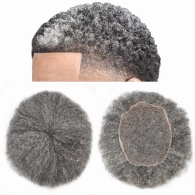 Afro Toupee For Black Mens Hair Units For Man African American Curl Hair Systems Full French Lace Mens Hair Replacement Male Hair Pieces 8X10Inch 6MM Afro Wave140# 1# JET BLACK 40% GRAY