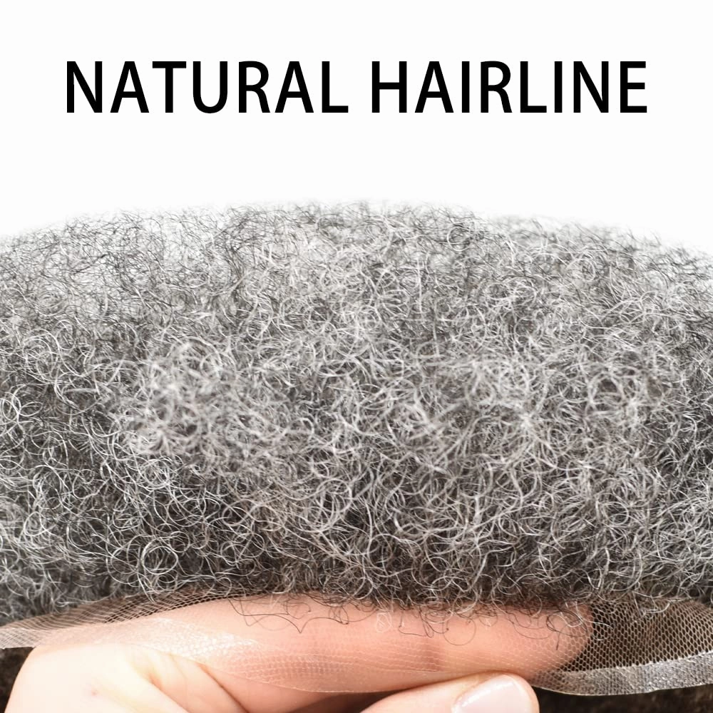 Afro Toupee For Black Mens Hair Units For Man African American Curl Hair Systems Full French Lace Mens Hair Replacement Male Hair Pieces 8X10Inch 6MM Afro Wave150# 1# JET BLACK 50% GRAY