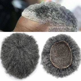 Afro Toupee For Black Mens Hair Units For Man African American Curl Hair Systems Full French Lace Mens Hair Replacement Male Hair Pieces 8X10Inch 6MM Afro Wave150# 1# JET BLACK 50% GRAY