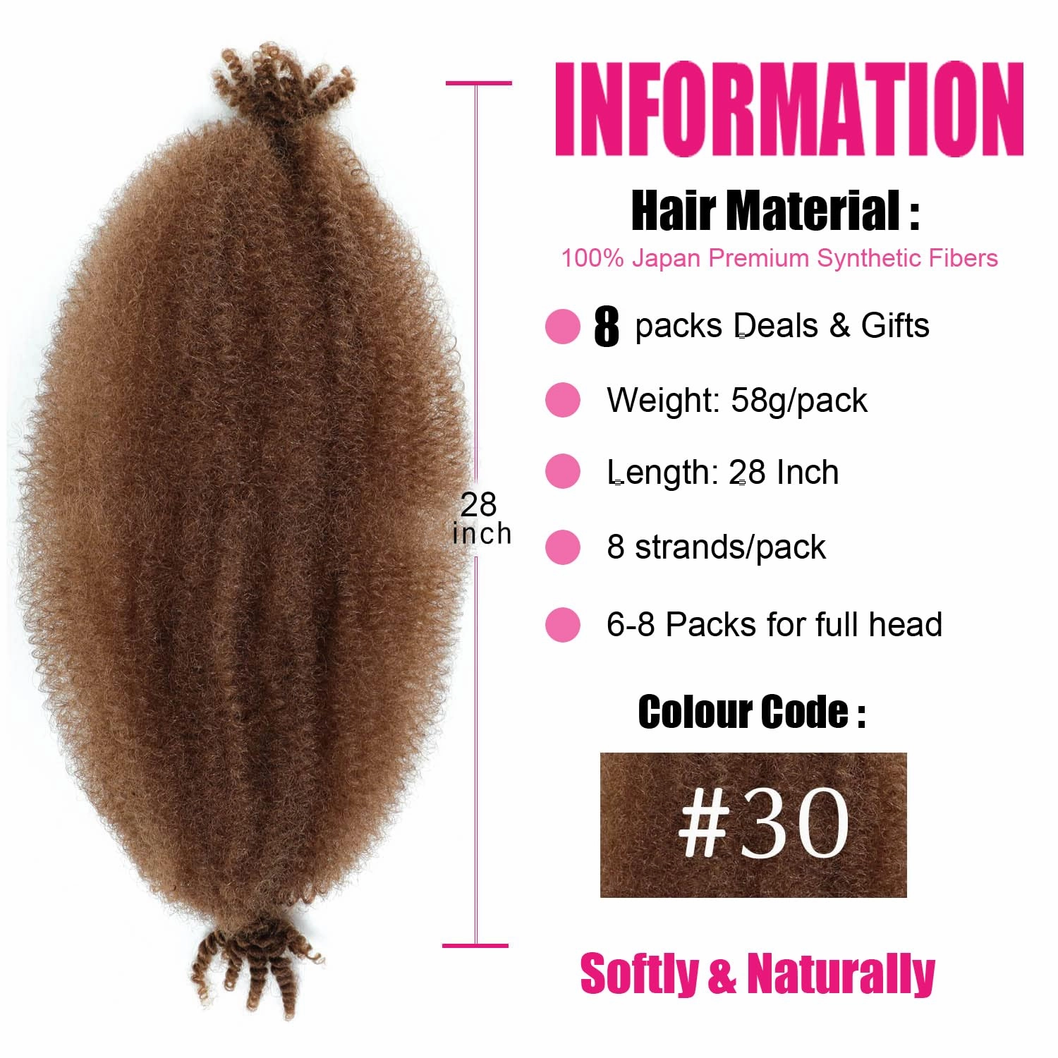 Afro Twist Hair 28 Inch 8 Packs, Springy Afro Twist Hair Pre Fluffed Spring Twist Hair Pre Stretched Wrapping Hair for Soft Locs Hair Extensions (8-30#)