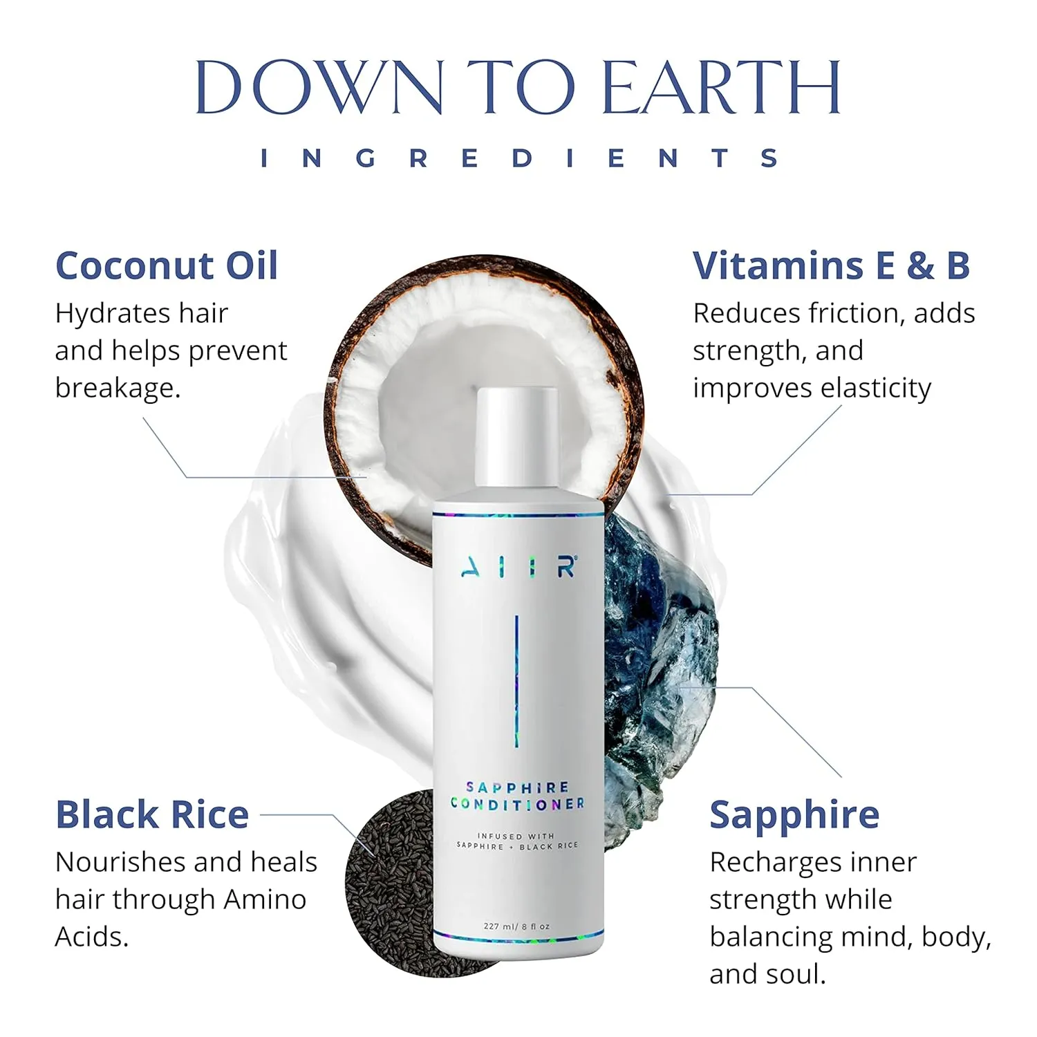 AIIR Sapphire Conditioner, 236.56 ml - Strengthens and Nourishes Colored, Damaged Hair with Black Rice, Improves Elasticity, Reduces Frizz, Free of Cruelty, Sulfate, Paraben, Phthlate, Gluten