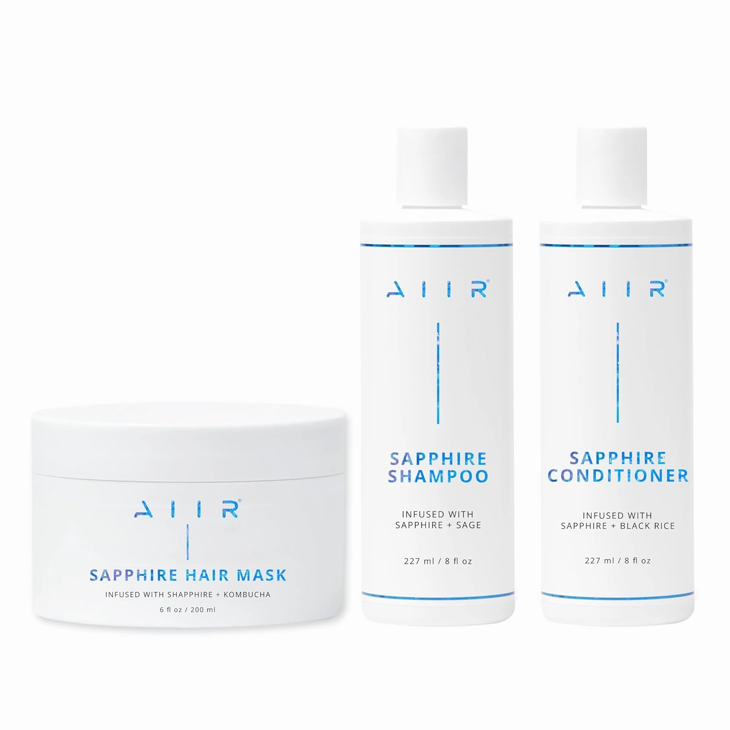 AIIR Sapphire Shampoo, Conditioner & Mask Bundle, Color Treated & Damaged Hair, Strengthen & Repair with Coconut Oil, Sulfate Free, Crystal Infused for Stronger, Healthier and Shinier Hair
