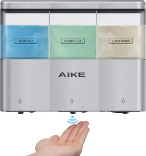 AIKE Touch-Free Shower Shampoo Dispenser Wall Mount Triple Chambers 3 x 10 fl.oz. Battery Operated Silver
