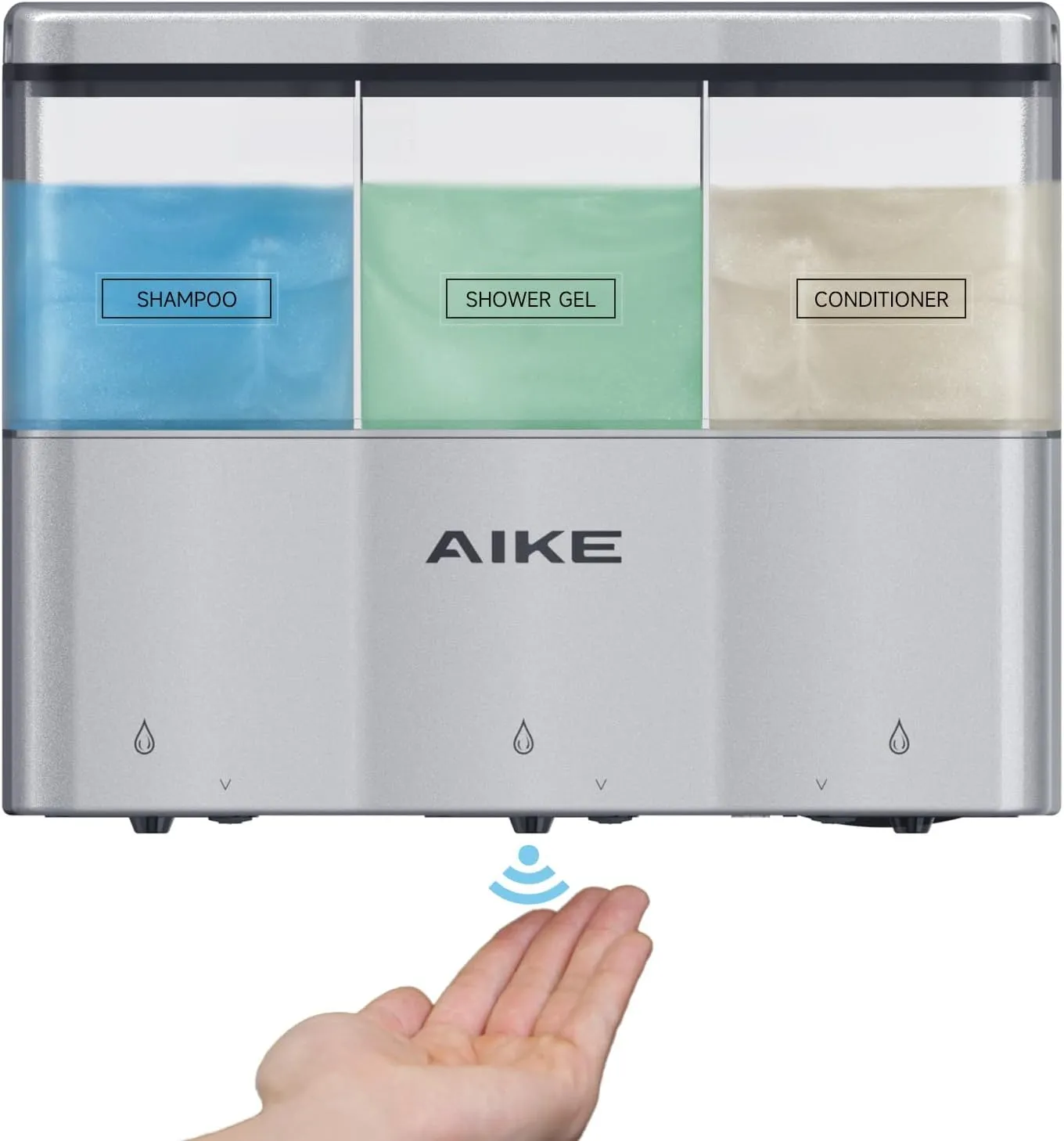AIKE Touch-Free Shower Shampoo Dispenser Wall Mount Triple Chambers 3 x 10 fl.oz. Battery Operated Silver
