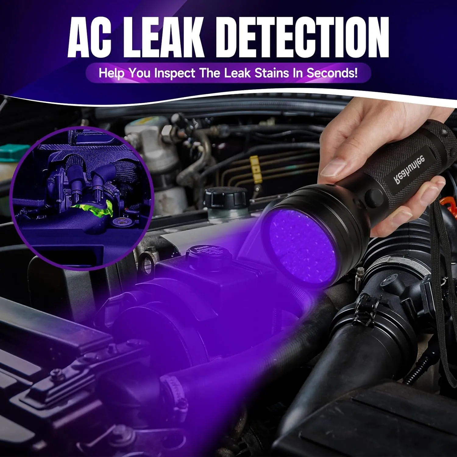 Air Conditioner Leak Detector Kit, Professional Car Detection Tool Automotive AC Oil Pool UV Dye Detecting Flashlight with Protective Glasses (51 led)