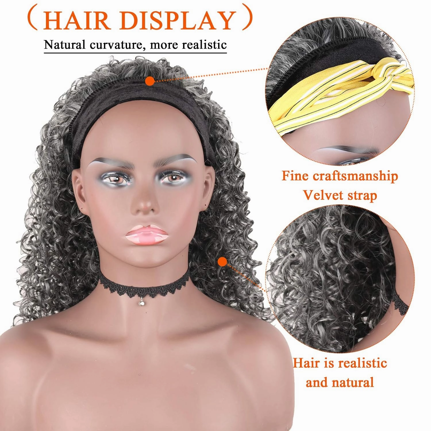 Aisaide Short Afro Kinky Curly Grey Headband Wigs for Black Women,Synthetic Curly Headband Wig Afro Curly Wave Deep Wave Black Headband Wig Wrap Wig with Headbands Attached Scarf Wig 16inch(1B/GREY)