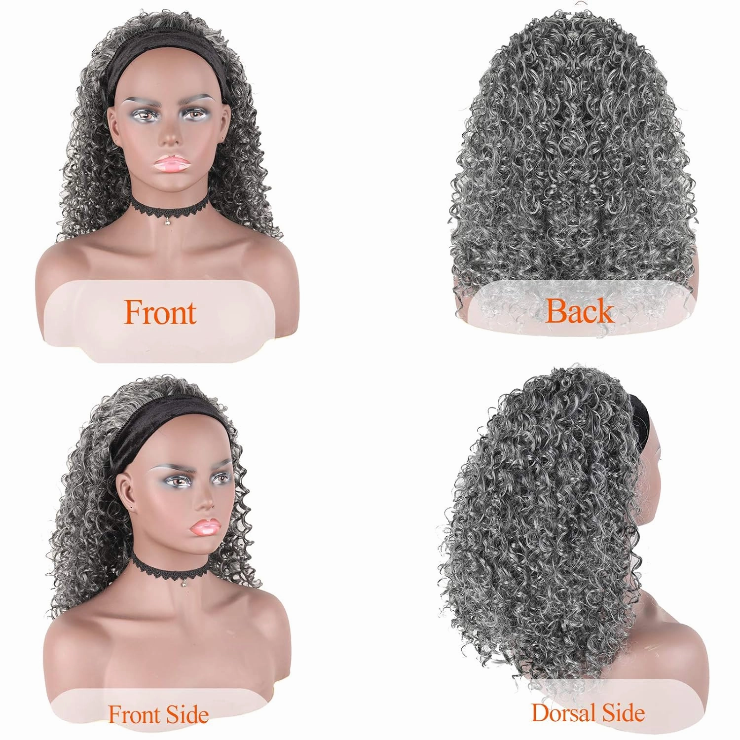 Aisaide Short Afro Kinky Curly Grey Headband Wigs for Black Women,Synthetic Curly Headband Wig Afro Curly Wave Deep Wave Black Headband Wig Wrap Wig with Headbands Attached Scarf Wig 16inch(1B/GREY)