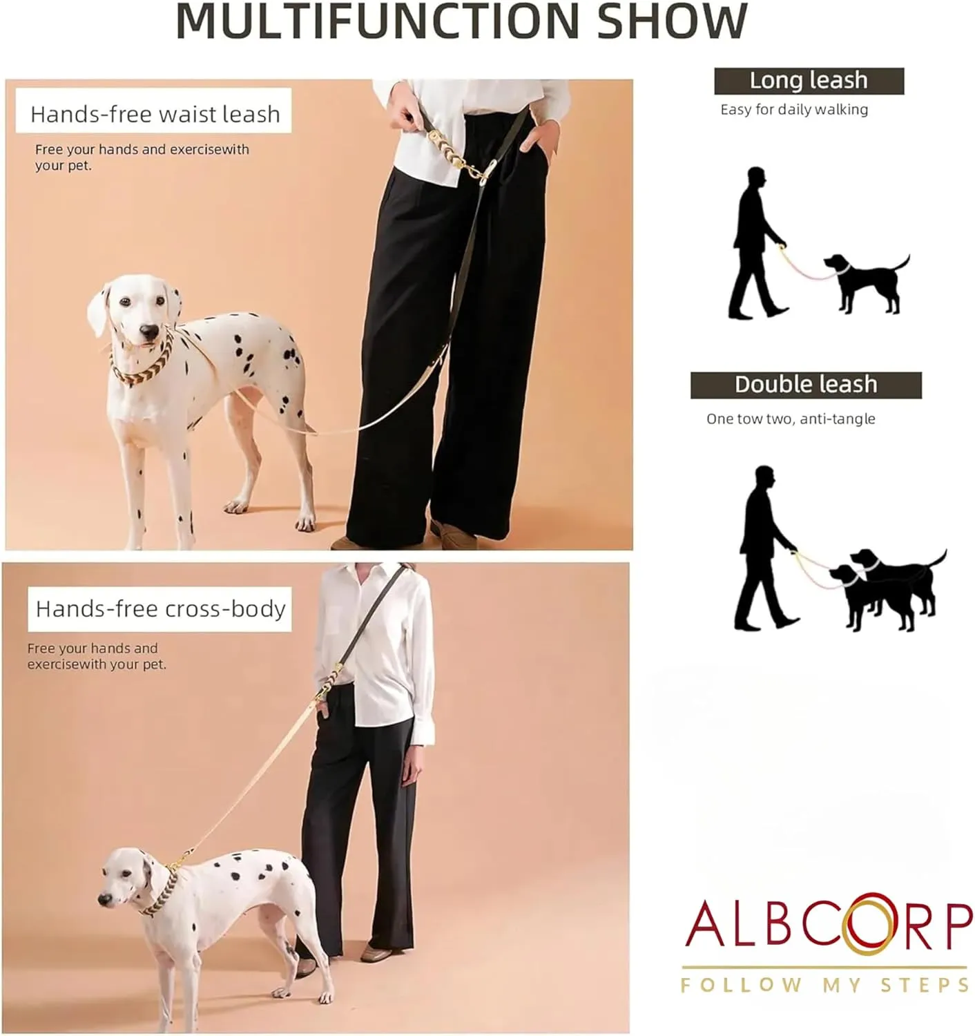 Albcorp Braided Hands-Free Dog Leash – Small & Medium Sizes, 7.2 ft Long – PVC Coated, Adjustable for Cross-Body, Waist, or Handheld Use – Waterproof, Customizable & Durable. Rose Blush, Medium