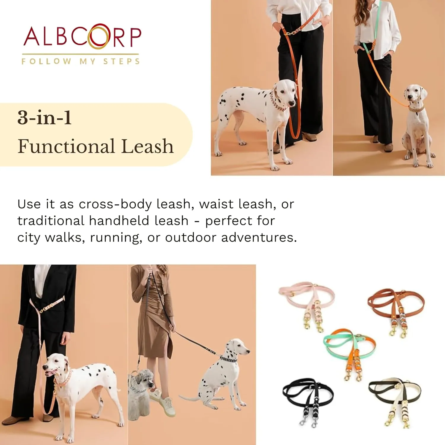 Albcorp Braided Hands-Free Dog Leash – Small & Medium Sizes, 7.2 ft Long – PVC Coated, Adjustable for Cross-Body, Waist, or Handheld Use – Waterproof, Customizable & Durable. Rose Blush, Medium