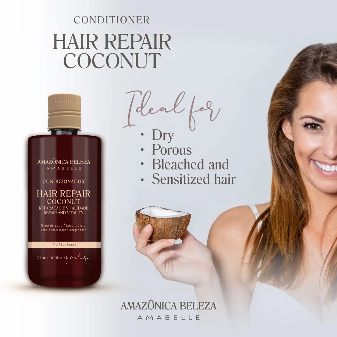 AMAZONICA BELEZA Conditioner and repair the hair with the vitamin and regenerating coconut oil Hair Repair, Professional Line, Multivitamin Repairing for Damaged Hair, 10 Oz