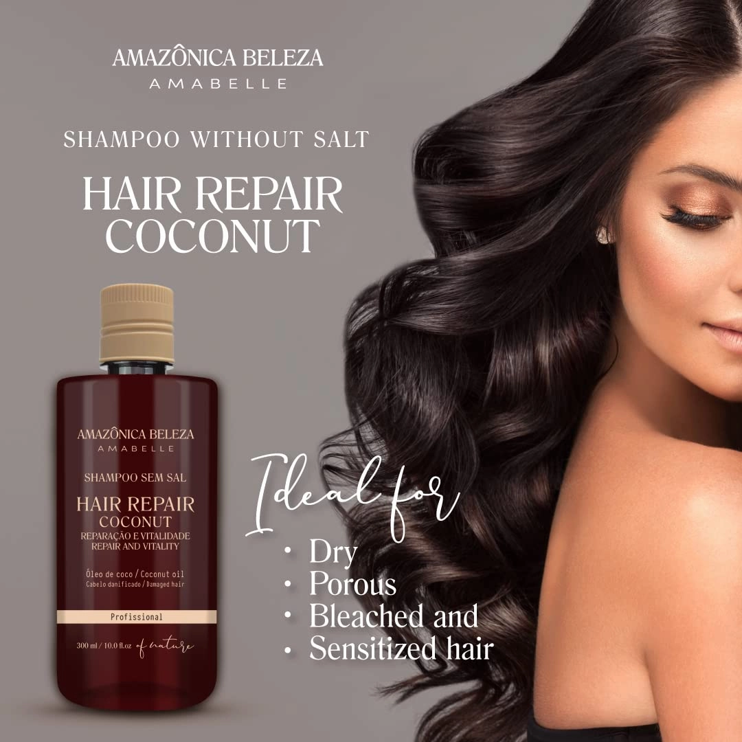 AMAZONICA BELEZA Shampoo Hair Repair with Coconut, Professional Line, Multivitamin Repairing Cleans and repair the hair with the vitamin and regenerating, 10 Oz