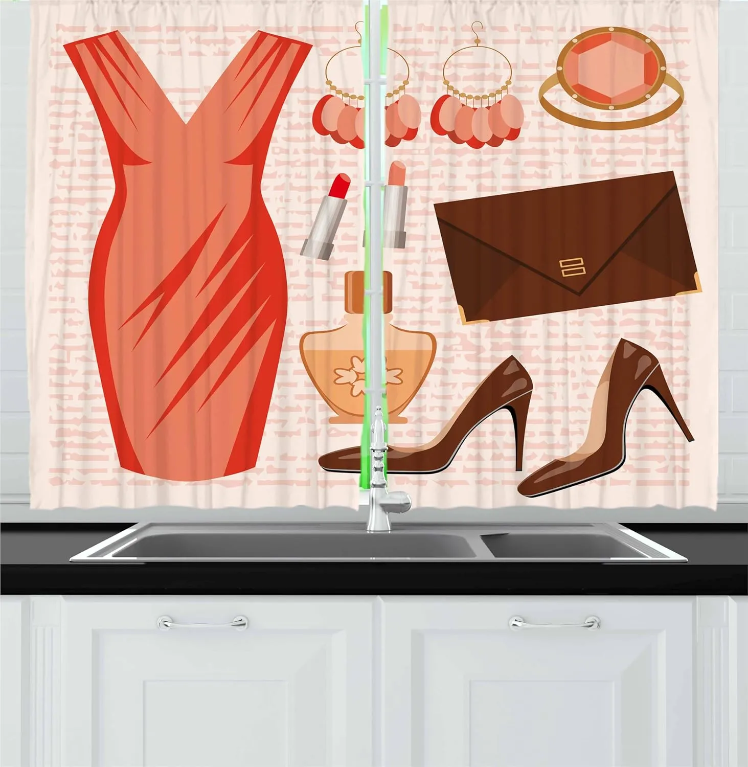 Ambesonne Heels and Dresses Kitchen Curtains, Accessories Fashion Cocktail Dress Lipstick Earrings High Heels, Window Drapes 2 Panel Set for Kitchen Cafe Decor, 55" x 30", Salmon Brown Peach