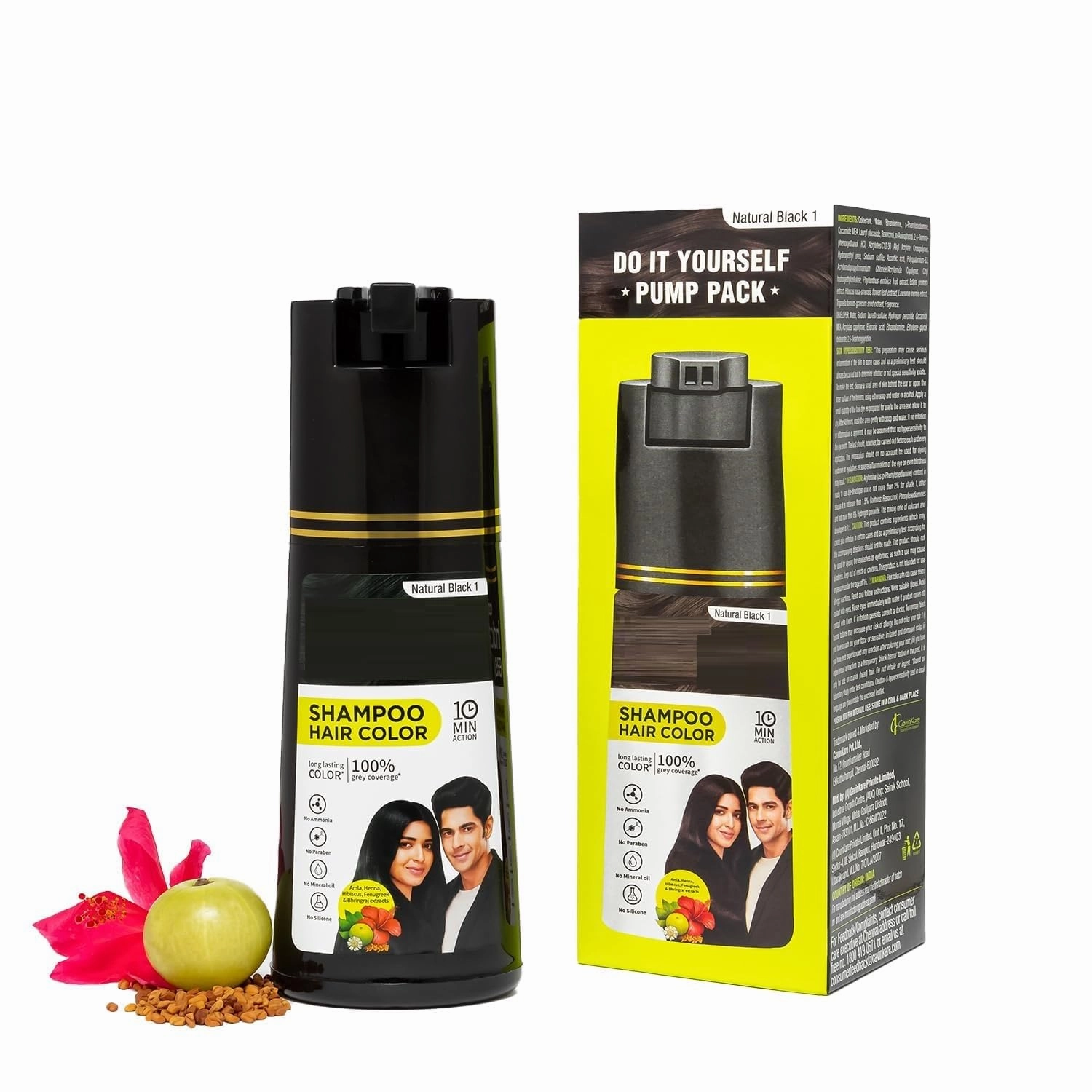AMC Easy Do-It-Yourself Hair Color Shampoo Pump Pack with 5 Herbal Extracts and 100% Ammonia Free, Long Lasting Formula, 180 ML - Natural Black Colour (Gloves Included)