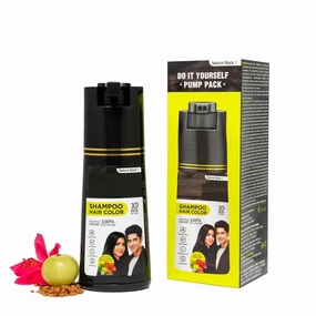 AMC Easy Do-It-Yourself Hair Color Shampoo Pump Pack with 5 Herbal Extracts and 100% Ammonia Free, Long Lasting Formula, 180 ML - Natural Black Colour (Gloves Included)