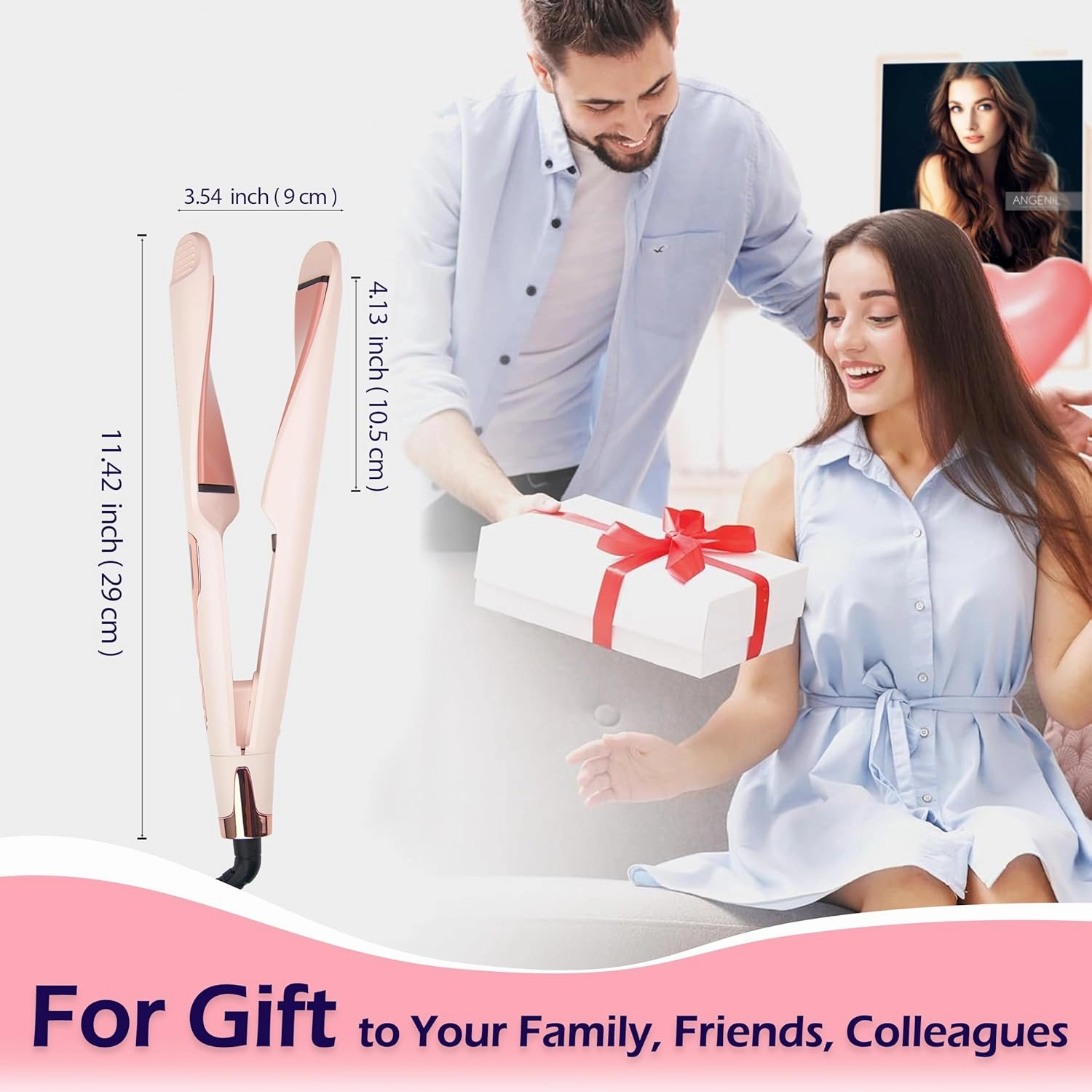 ANGENIL Pro Twist Flat Iron 1 Inch, Round Pink Dual Voltage Hair Straightener and Curler 2 in 1, Tourmaline Ceramic Ionic Hair Curler with Anti-Scalding Silicone Mat Pad, 30s Fast Heating, LCD Display