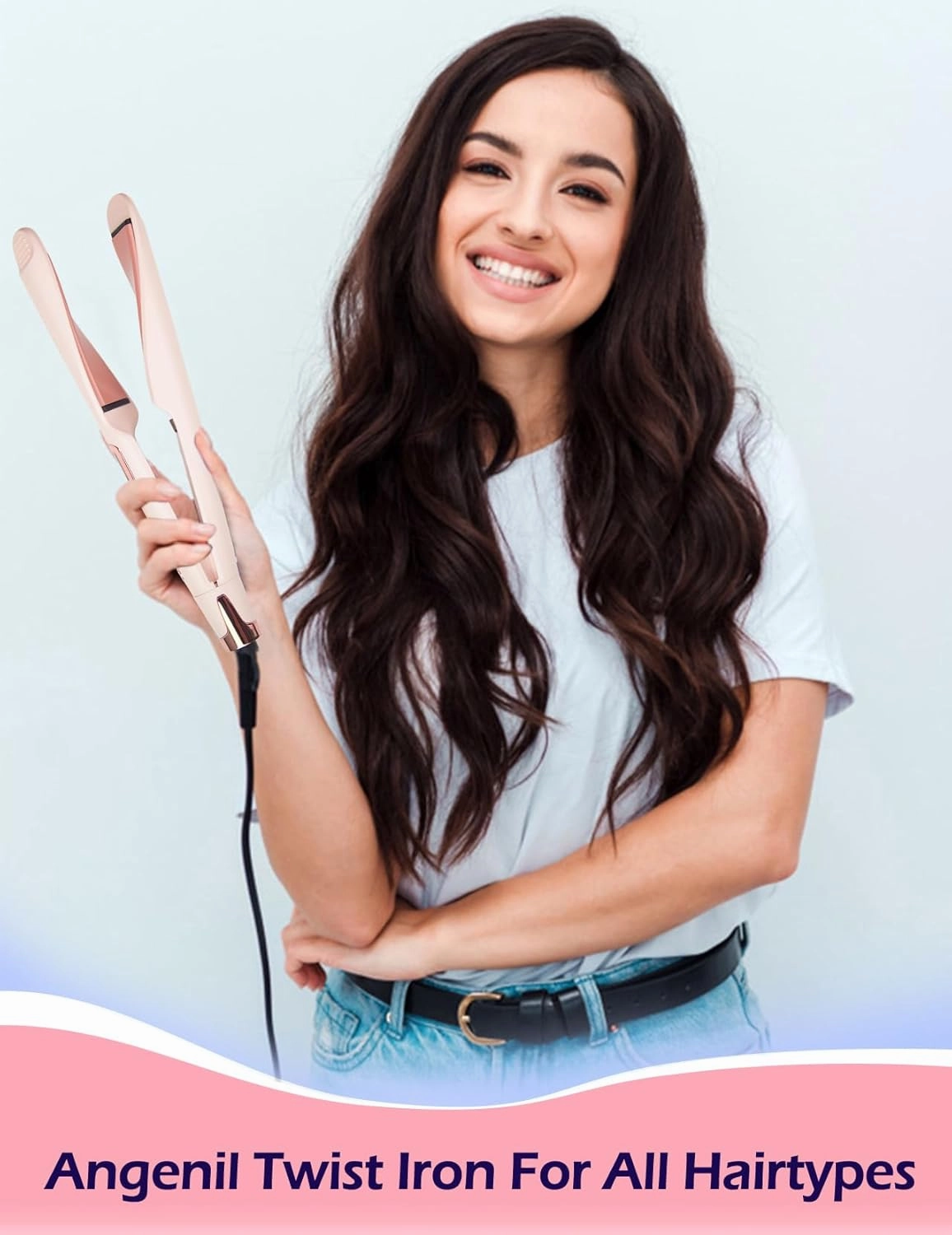 ANGENIL Pro Twist Flat Iron 1 Inch, Round Pink Dual Voltage Hair Straightener and Curler 2 in 1, Tourmaline Ceramic Ionic Hair Curler with Anti-Scalding Silicone Mat Pad, 30s Fast Heating, LCD Display