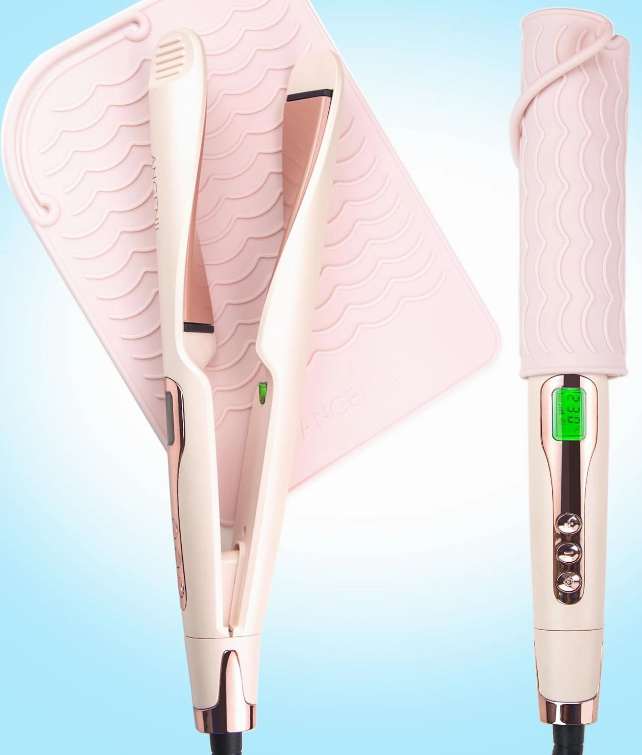 ANGENIL Pro Twist Flat Iron 1 Inch, Round Pink Dual Voltage Hair Straightener and Curler 2 in 1, Tourmaline Ceramic Ionic Hair Curler with Anti-Scalding Silicone Mat Pad, 30s Fast Heating, LCD Display