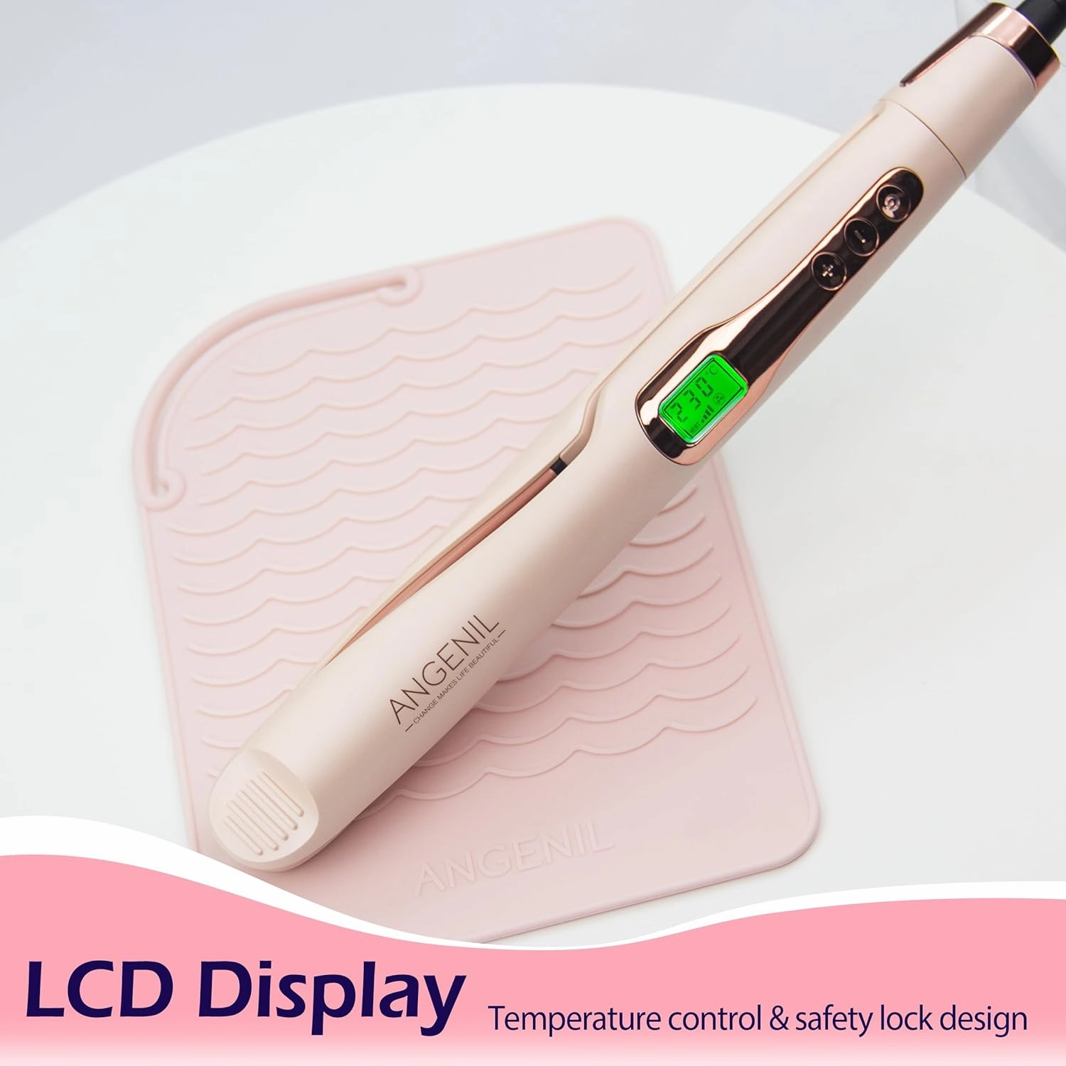 ANGENIL Pro Twist Flat Iron 1 Inch, Round Pink Dual Voltage Hair Straightener and Curler 2 in 1, Tourmaline Ceramic Ionic Hair Curler with Anti-Scalding Silicone Mat Pad, 30s Fast Heating, LCD Display