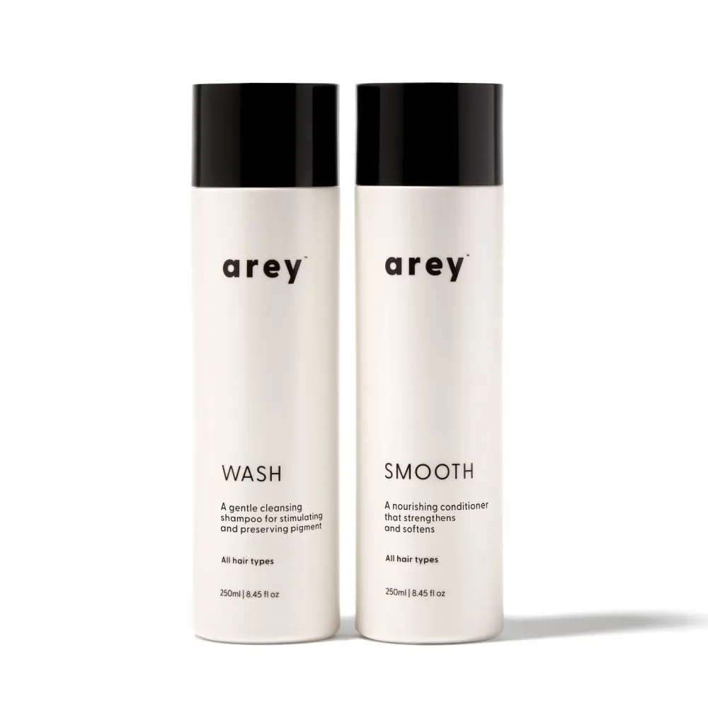 Arey Shower Duo | Wash Shampoo and Smooth Conditioner | Delay   Reduce the Signs of Aging Grey Hair | Retain Moisture, Promote Smoothness | Vegan, Gluten-Free & Cruelty Free (2 Pack, 8.45 Fl Oz each)