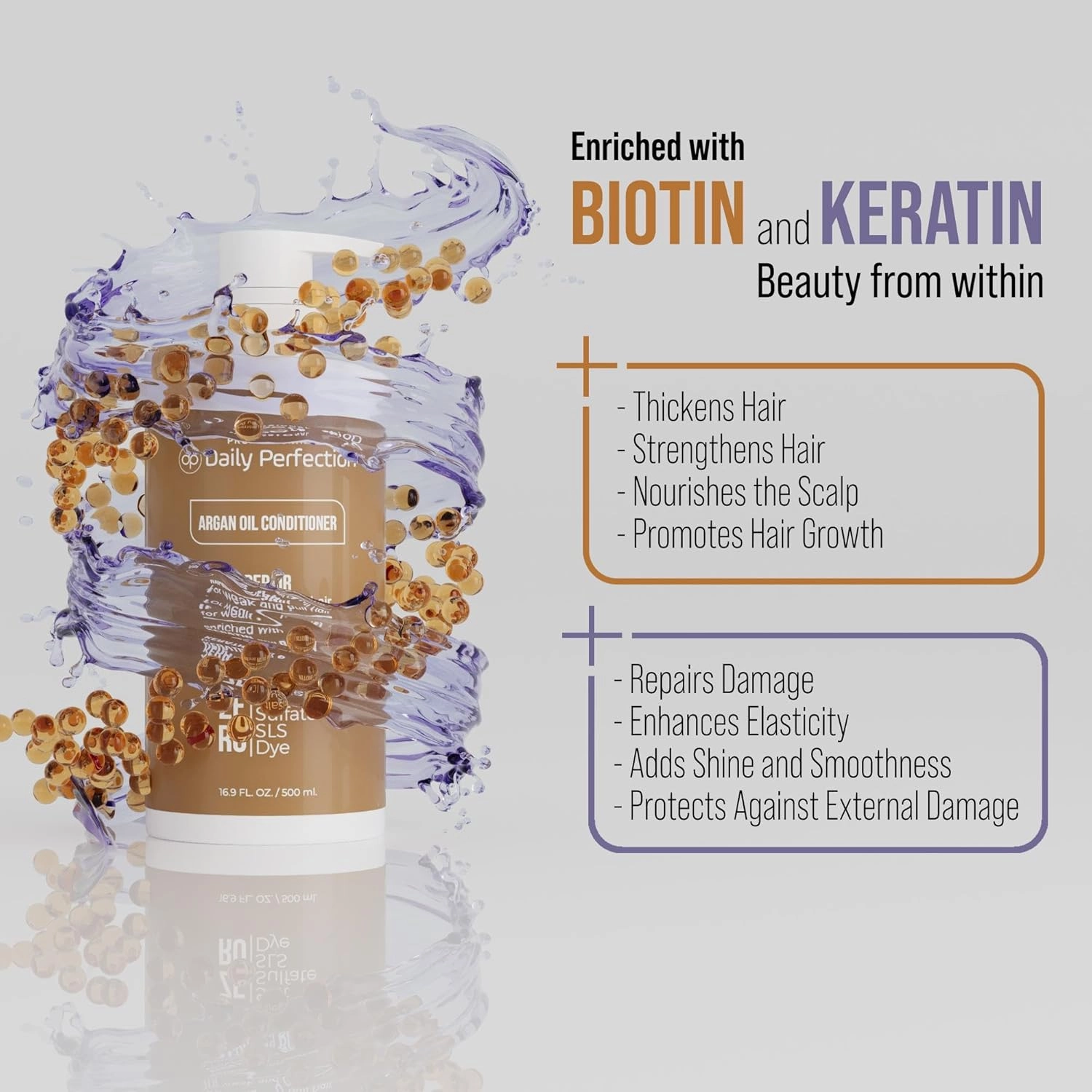 Argan Oil Conditioner to Repair and Protect Your Hair with Biotin and Keratin. Salon-Grade Formula, Salt-Free, Sulfate-Free, and Paraben-Free for Healthier, Shinier Hair.