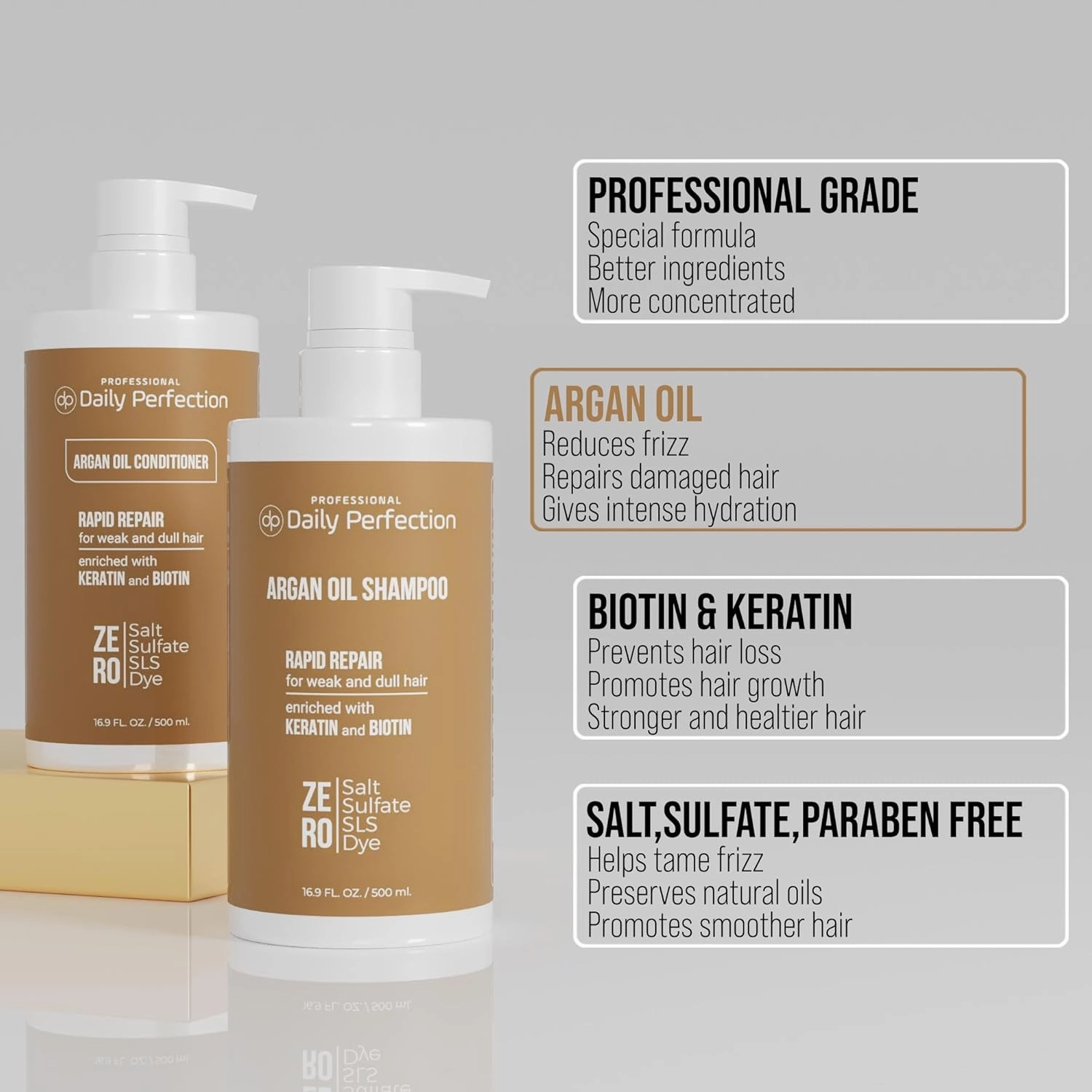 Argan Oil Shampoo and Conditioner to Repair and Protect Your Hair with Biotin and Keratin. Salon-Grade Formula, Salt-Free, Sulfate-Free, and Paraben-Free for Healthier, Shinier Hair.