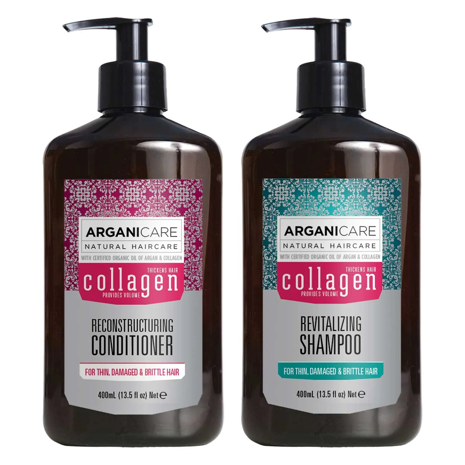 Arganicare Collagen Shampoo and Conditioner Set for Brittle, Thin, and Damaged Hair - Volumizing Hair Growth Products Enriched with Argan Oil & Shea Moisture for Men, Women, and Kids | 27 Fl Oz