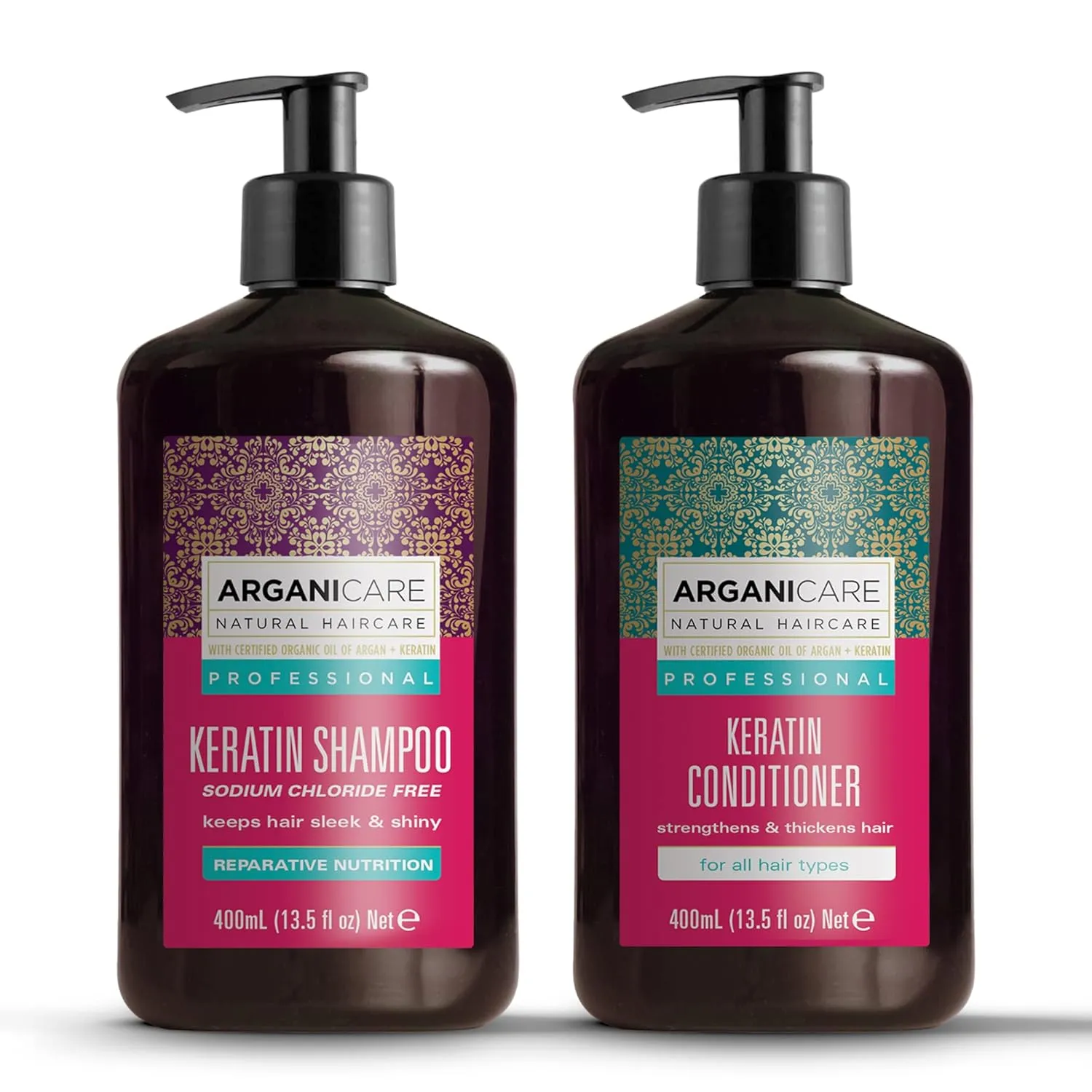 Arganicare Keratin Shampoo and Conditioner Set for Hair Thickening and Strengthening - Moisturizing Hair Treatment Enriched with Organic Argan Oil and Shea Moisture for Men, Women, and Kids | 27 Fl Oz