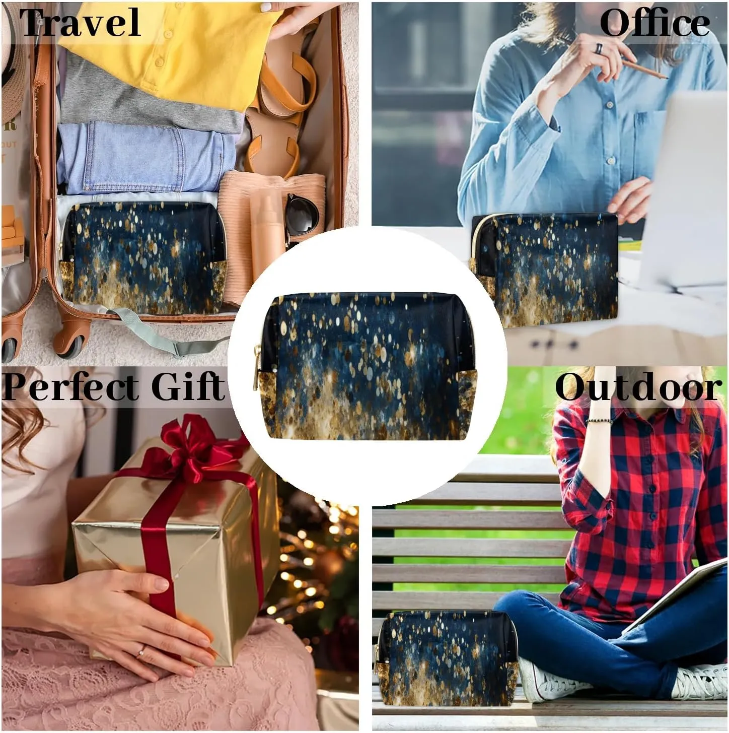 Art Intersting Printing Travel Makeup Bag for Women, PU Leather Waterproof Checkered Cosmetic Bags Large Make up Bag Zipper Pouch