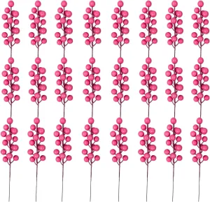 Artificial Berry, 24 pcs Christmas Berries Stems, Artificial Christmas Picks,Artificial Berries Stems for Xmas Tree Ornaments Wreath Decorations Home (Pink)
