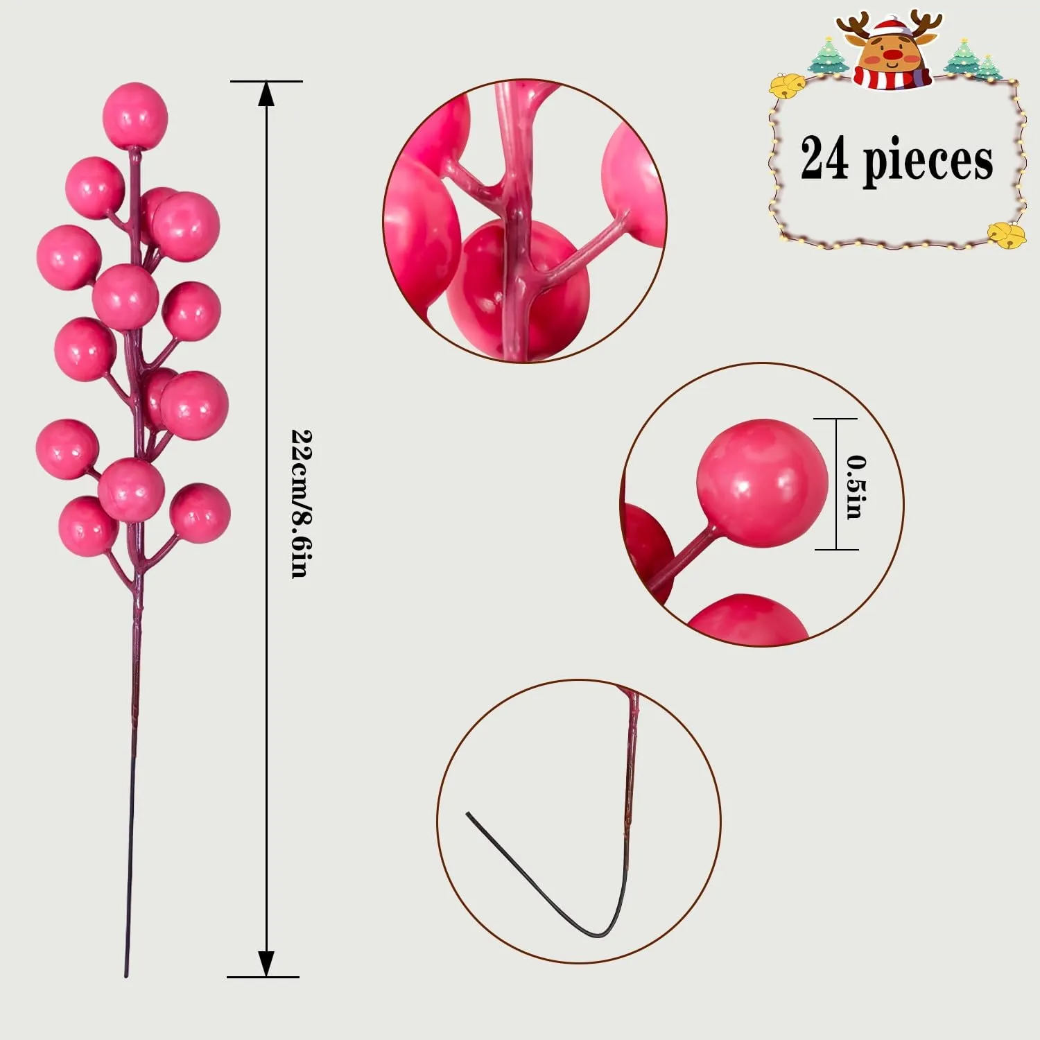 Artificial Berry, 24 pcs Christmas Berries Stems, Artificial Christmas Picks,Artificial Berries Stems for Xmas Tree Ornaments Wreath Decorations Home (Pink)
