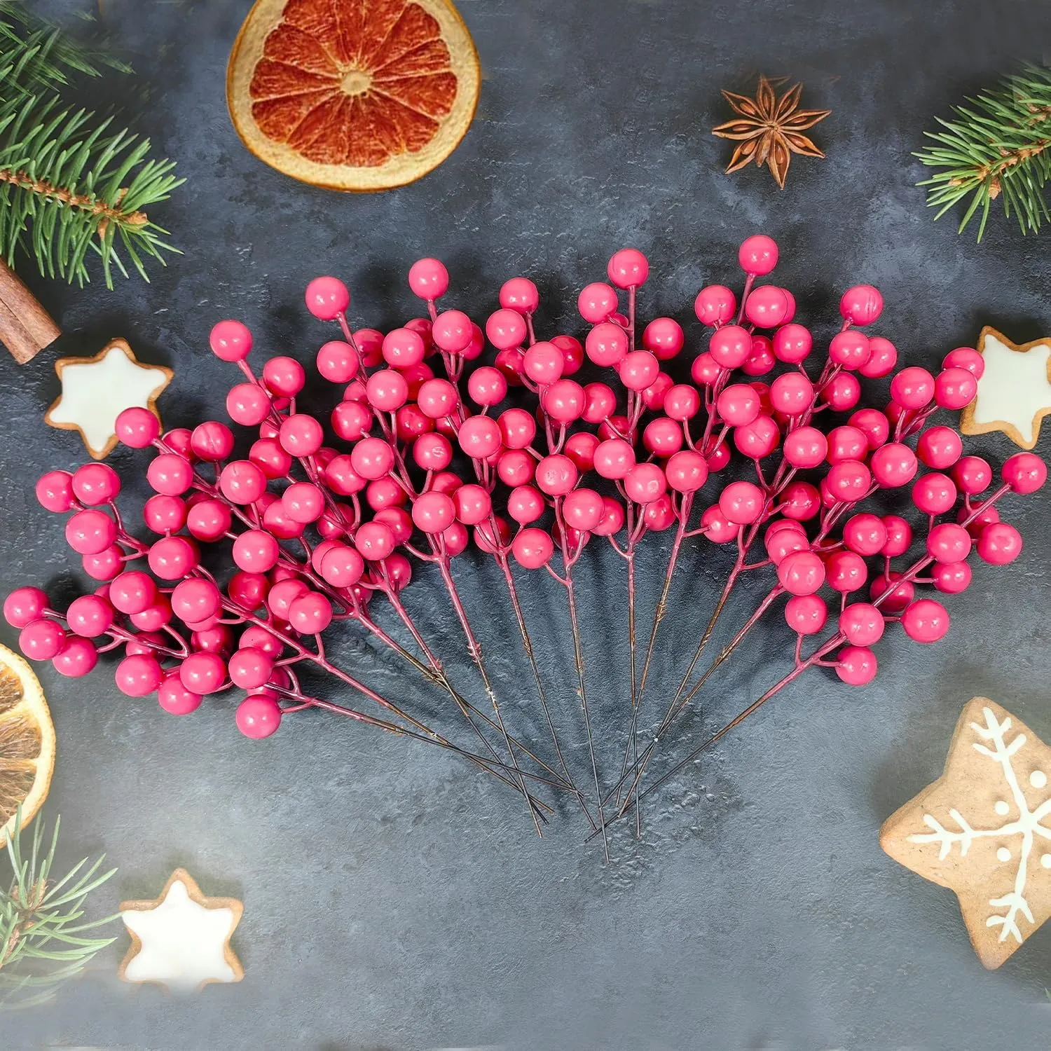 Artificial Berry, 24 pcs Christmas Berries Stems, Artificial Christmas Picks,Artificial Berries Stems for Xmas Tree Ornaments Wreath Decorations Home (Pink)