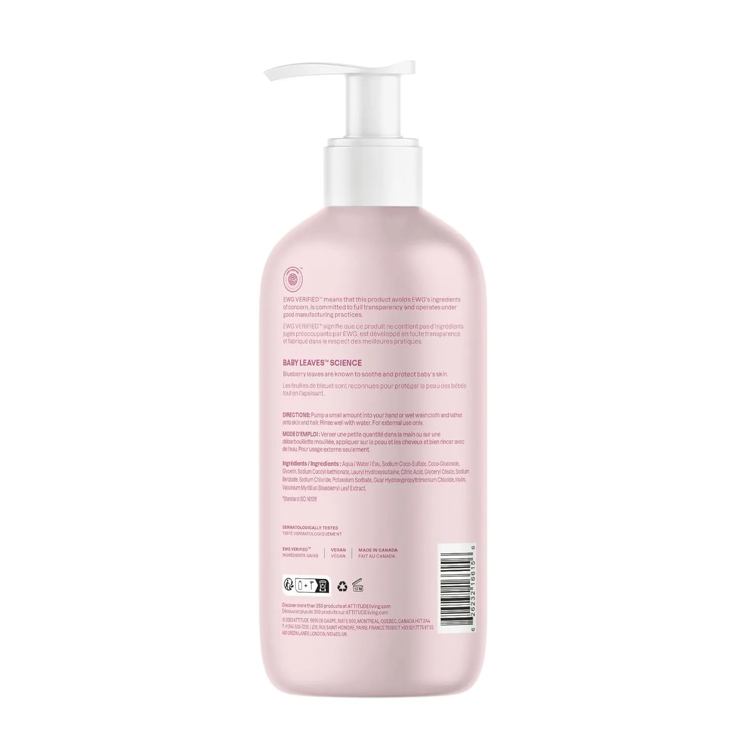 ATTITUDE 2-in-1 Shampoo and Body Wash for Baby, Fragrance-Free EWG Hypoallergenic Plant- and Mineral-Based Ingredients, Vegan and Cruelty-Free, Unscented, 16 Fl Oz